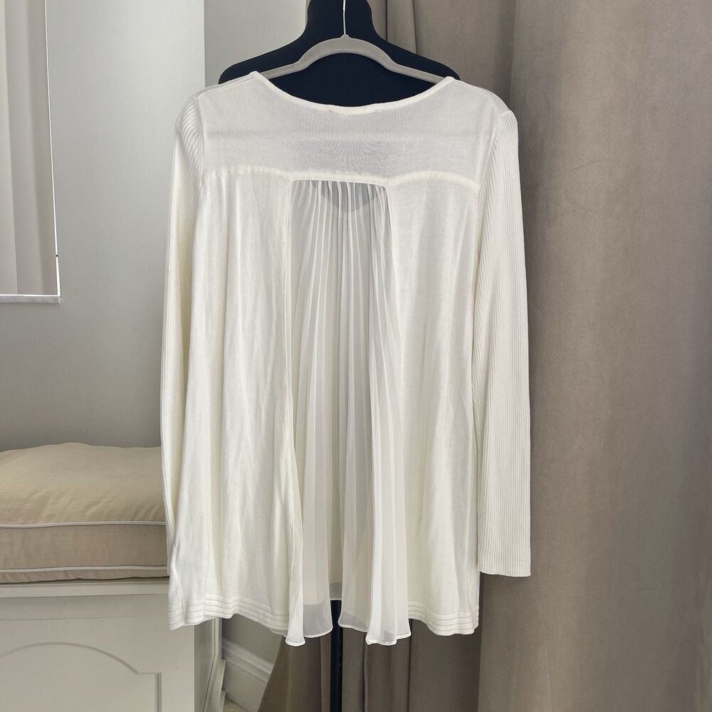 Elie Tahari cream V Neck Knit Hi Low sweater Tunic Sheer pleated back L - Picture 3 of 10